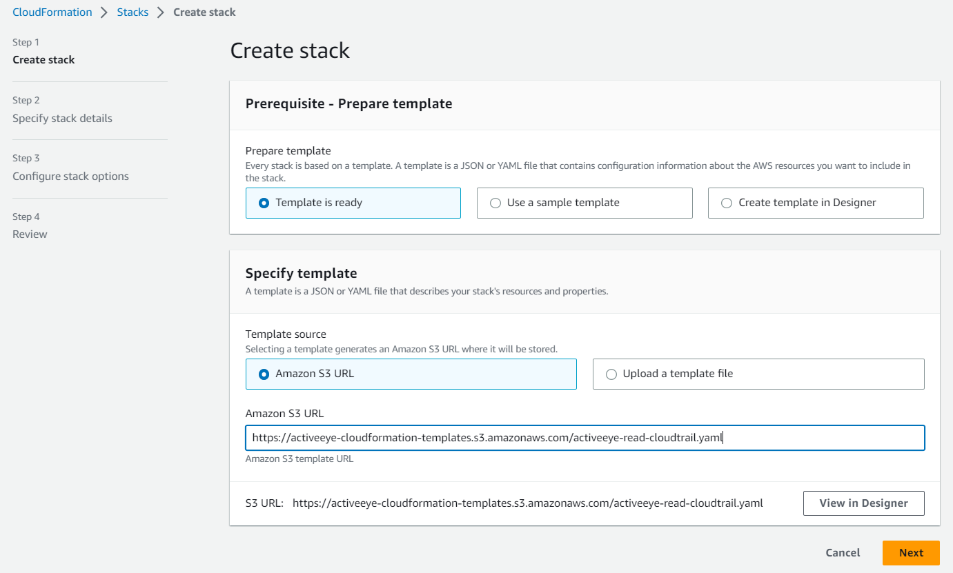 The Create stack page