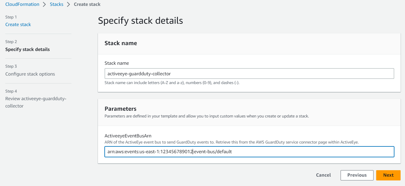 The Specify stack details page