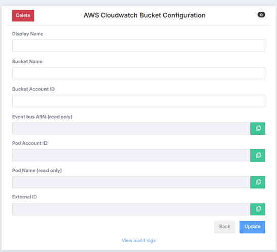 The AWS CloudWatch Bucket Configuration page
