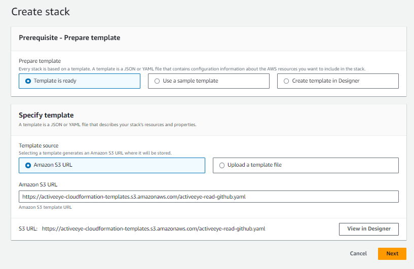 The Github create stack page