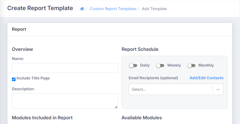 The Create Report Template page